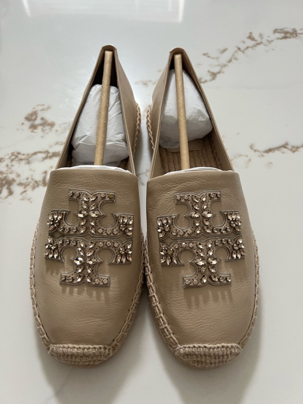Tory Burch Embellished Beige Leather Espadrille Loafers